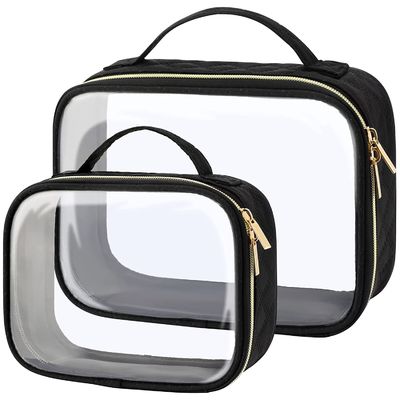 Sac noir cosmétique de petit du néoprène de voyage de stockage de maquillage de sac de PVC article de toilette Standup transparent fait sur commande d'espace libre