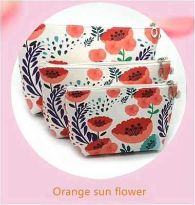 Cuir cosmétique imperméable d'unité centrale de grande capacité de sac de sac cosmétique de 3 PCS, salle de bains, stockage (3 tailles) (fleur orange du soleil)