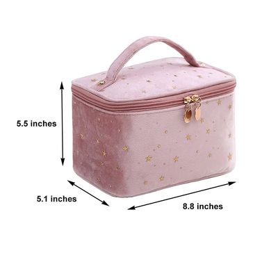 Trousse de maquillage en velours avec poignée Trousse de maquillage avec porte-pinceau de maquillage Trousse de maquillage de voyage Rose