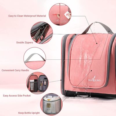 Le sac accrochant d'article de toilette pour des femmes, sac rose de salle de bains de voyage de maquillage, les dames moyennes imperméables voyagent sac d'article de toilette