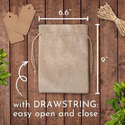 pouces des sacs de cordon de toile de jute 6.6x9 avec 50 étiquettes et 50 étiquettes. Sacs de toile de jute pour toutes les occasions. Sacs réutilisables de cadeau